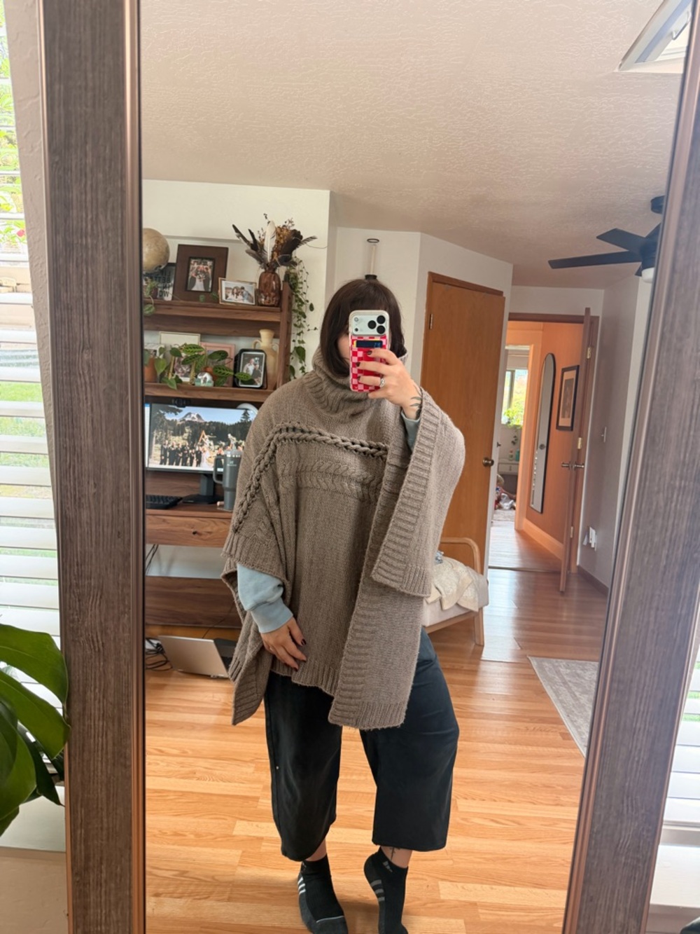 Cozy Taupe Cable-Knit Poncho Sweater simply Vera